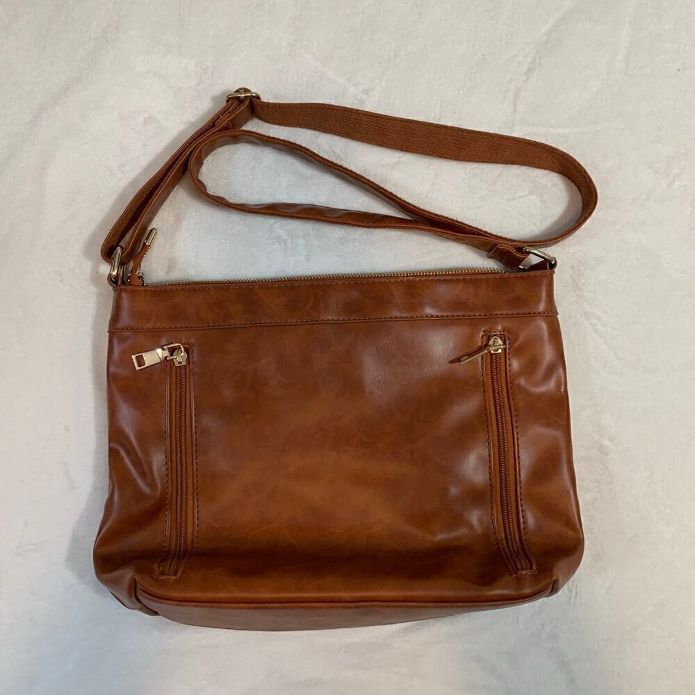 Cognac Brown Faux Leather Multi-Pocket Crossbody Shoulder Bag Gold Tone Hardware